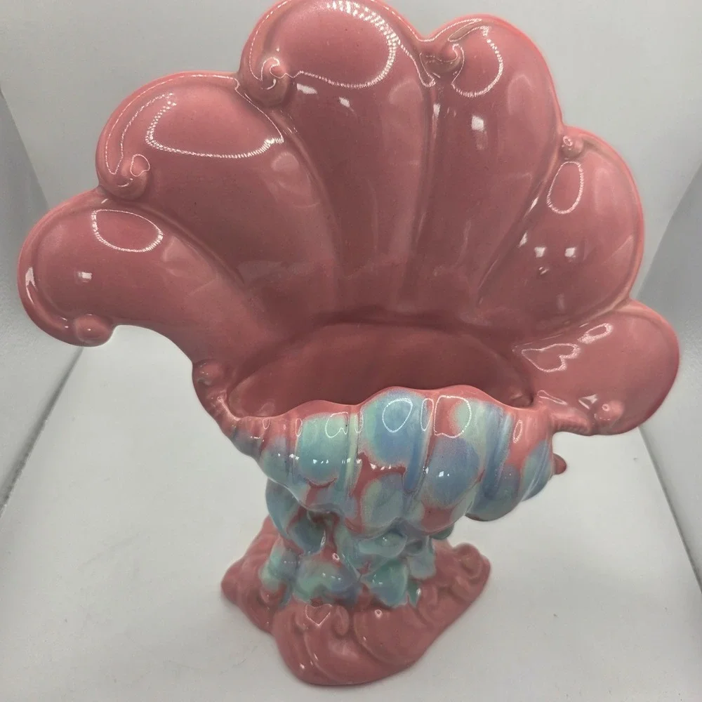 1930s RumRill Art Pottery Pink Blue Fan Shell Vase Planter Art Deco